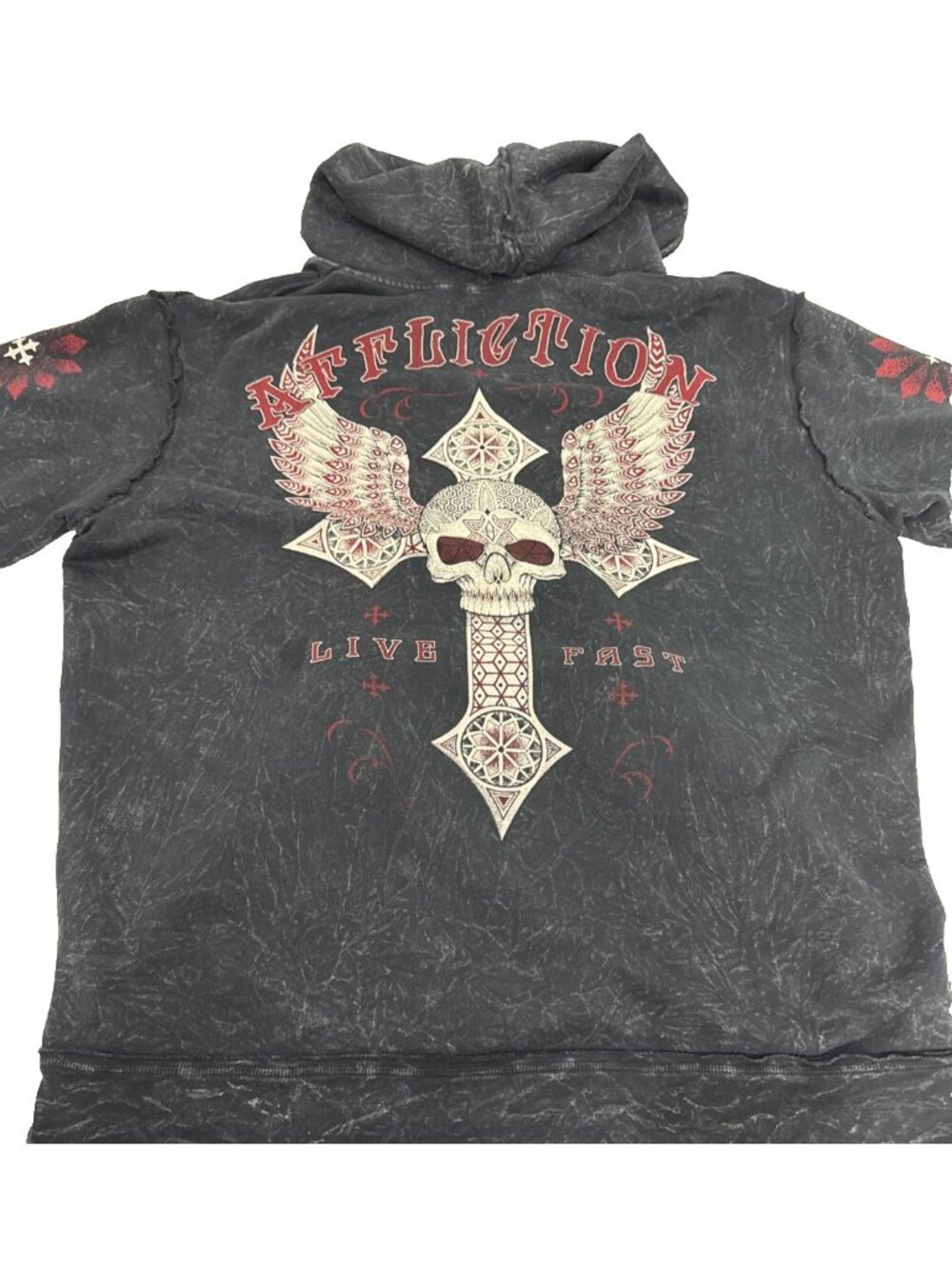 Affliction Embroidered Hoodie Sweatshirt Washed Black Grunge Mens Size 2XL